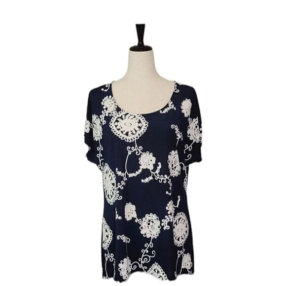Roz & Ali Navy Blue Floral Patterned Drop Sleeve Stretchy  Blouse Size L - Picture 1 of 8